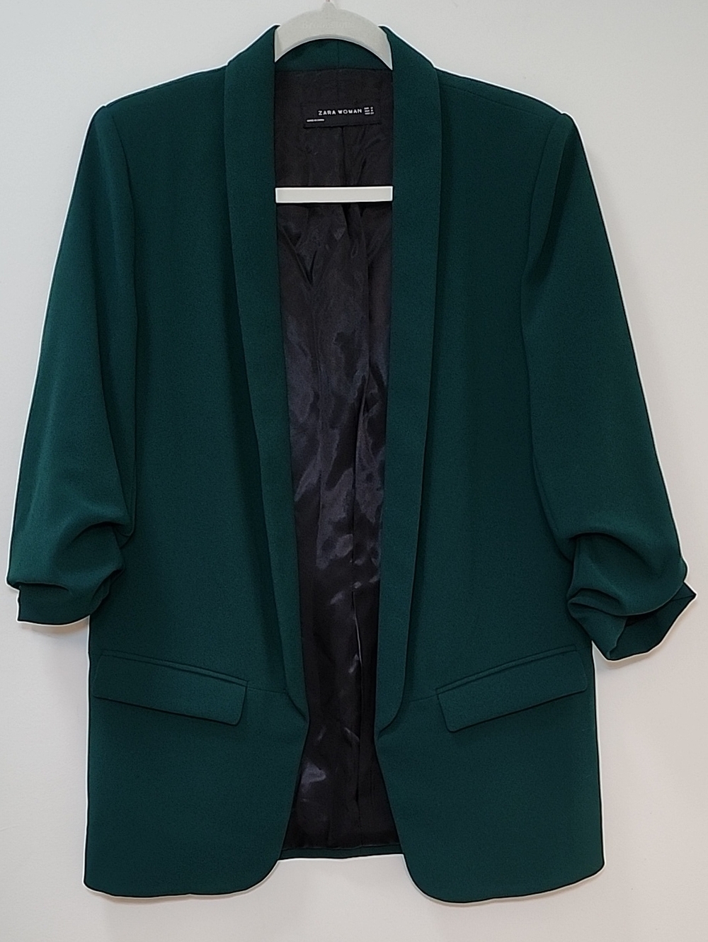 Zara Dark kelly green roll-up sleeve blazer open-front shawl collar front Sz M - Picture 2 of 16